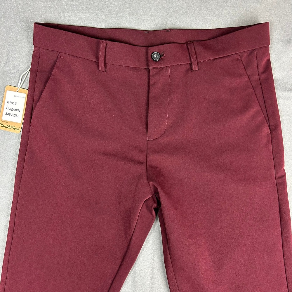 Plaid&Plain Dress Pants Skinny Fit Mens 34x26 Burgundy 6101# - Picture 3 of 12